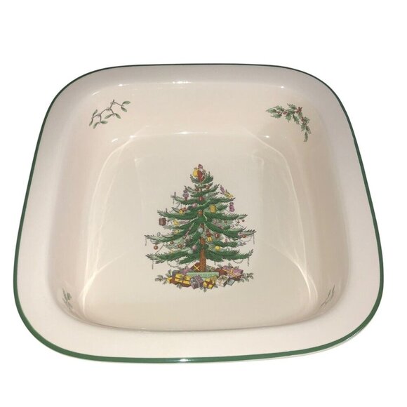 SPODE "Christmas Tree" 10" Square Grn Rimmed Casserole Serving Dish Dinnerware - Picture 1 of 6